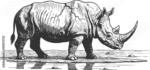 Detailed realistic black and white illustration of a rhinoceros standing by water with reflection