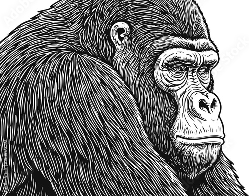 Detailed gorilla illustration with intense gaze, black and white artistic wildlife portrait