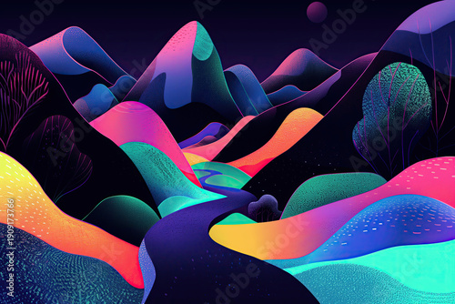 Vibrant abstract landscape with neon colors and hills