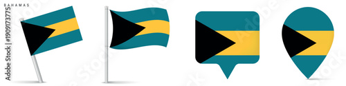 Collection of Bahamas national flag icons with waving flag and map pin markers. Isolated design suitable for travel, geography, navigation and Caribbean concepts.