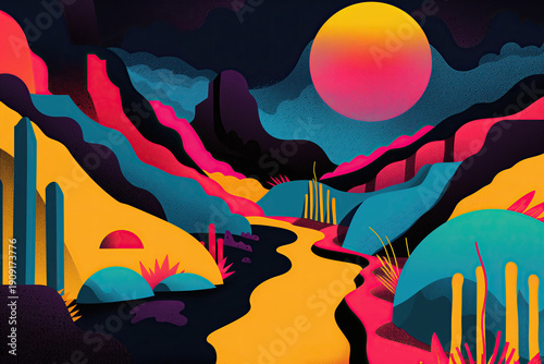 Surreal desert landscape with vibrant colors and moon