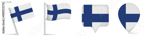 Set of Finland national flag icons including waving flag and location map pins. Clean isolated design for travel, geography, navigation and northern Europe themes.