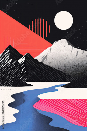 Abstract depiction of mountains and rivers under full moon