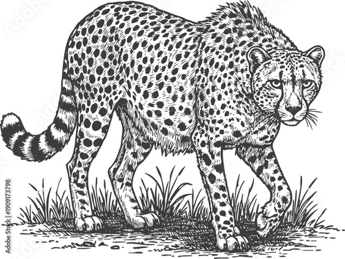 Detailed cheetah illustration walking through grass wild feline with spotted fur pattern and alert expression