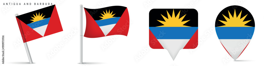 Fototapeta premium Collection of Antigua and Barbuda national flag icons with waving flag and location map pins. Isolated design for travel, geography, navigation and Caribbean themes.