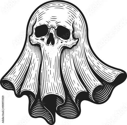 Ghost with skull face vintage spooky halloween spirit, horror specter illustration