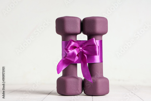 Purple dumbbells tied with ...