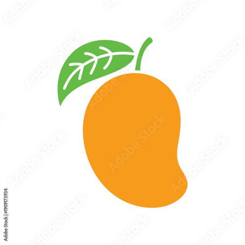 A vibrant illustration of a ripe orange mango with a green leaf