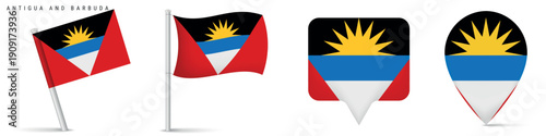 Free Download Collection of Antigua and Barbuda national flag icons with waving flag and location map pins. Isolated design for travel, geography, navigation and Caribbean themes. - GFXLoad