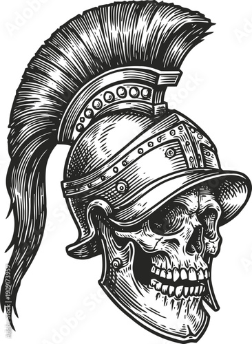Detailed skull wearing ancient roman gladiator helmet with plume and intricate metalwork