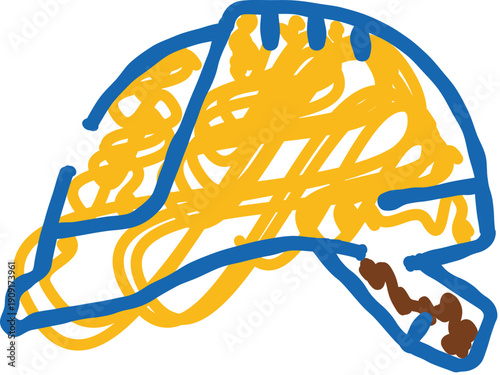 Stylized illustration presenting a hockey helmet design, outlined with blue lines and filled with energetic yellow scribble textures, conveying vibrant sporting activity