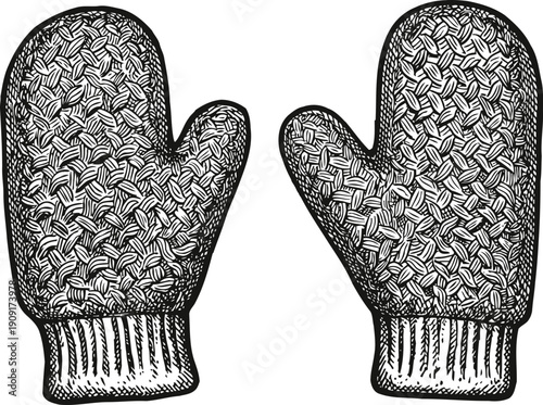Knitted winter mittens hand drawn warm gloves with detailed stitch pattern