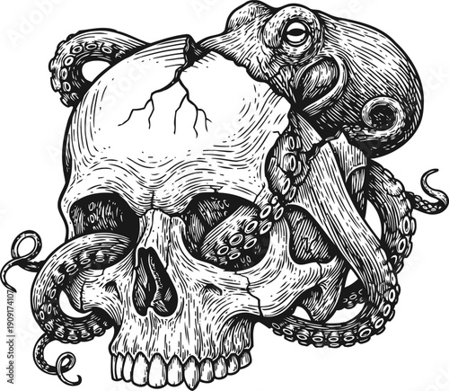 octopus wrapping around cracked human skull black and white detailed drawing of sea creature entangled with bone