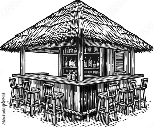 Tiki bar with straw roof and wooden stools, tropical outdoor cocktail lounge illustration