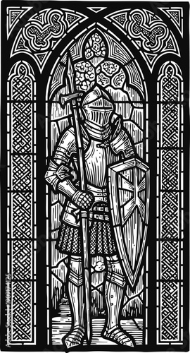 medieval knight in full armor holding spear and shield in gothic arched window design