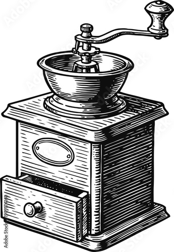 Vintage manual coffee grinder with handle and drawer, detailed hand drawn illustration