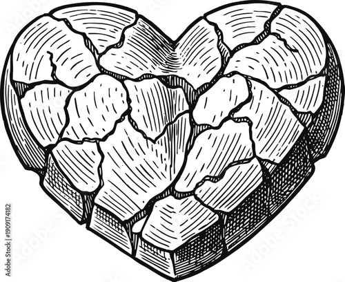 Broken heart illustration cracked, fragmented love symbol with detailed shading and lines hand drawn emotional concept