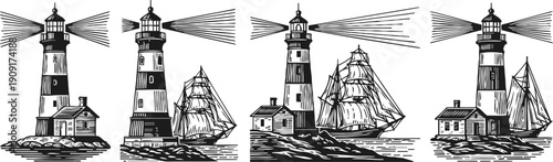 Black and white vintage lighthouses with sailing ships on rocky shores illustration set