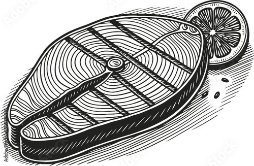 Grilled fish steak with lemon slice detailed black and white line art illustration