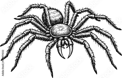 detailed black and white spider illustration showing hairy legs and fangs with naturalistic texture