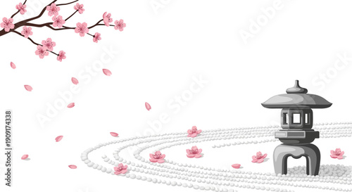 Serene Japanese garden scene with stone lantern and cherry blossoms