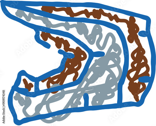 Motocross helmet doodle line drawing symbolizing safety, protection, and performance in off road motorcycling, adventure, competition, and racing sports