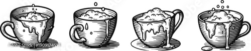 vintage steaming coffee cups illustrations set hot beverage mugs with frothy liquid and dripping coffee retro hand drawn