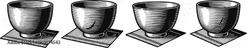 Four vintage teacups on saucers arranged in a row, classic monochrome engraving illustration