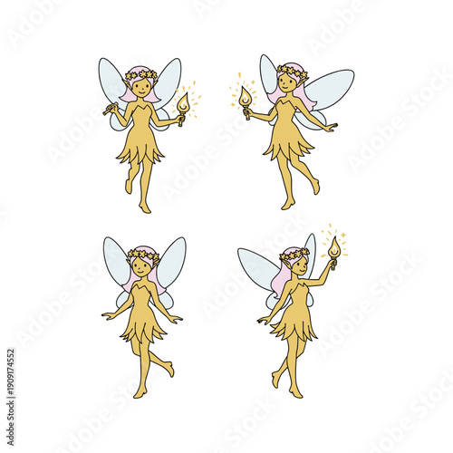 Whimsical fairy characters dancing with magic wands in a playful illustration style