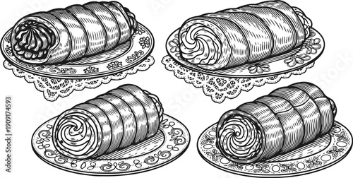 Detailed hand drawn vintage rolls pastries on decorative plates variety assortment dessert food illustration