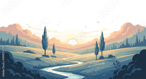 Serene landscape with winding river at sunset