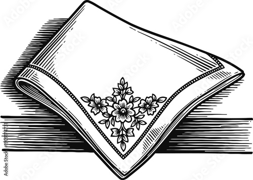 Embroidered handkerchief with floral design, vintage outline drawing on textured background