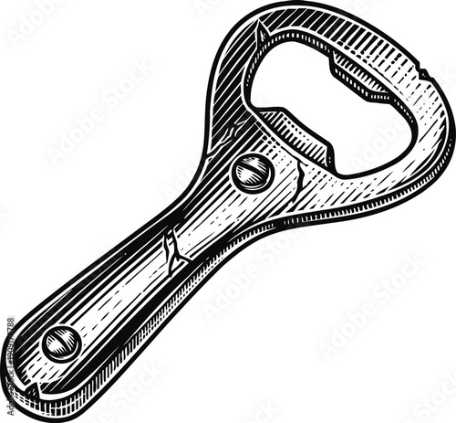Vintage bottle opener illustration metal hand tool with wooden handle for opening capped bottles retro engraving drawing