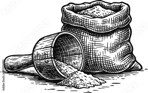 Sack of flour with wooden scoop spilling powder vintage hand drawn baking ingredient illustration
