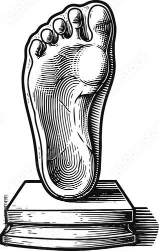 Detailed anatomical foot sculpture on pedestal vintage engraving of human foot structure and shape illustration