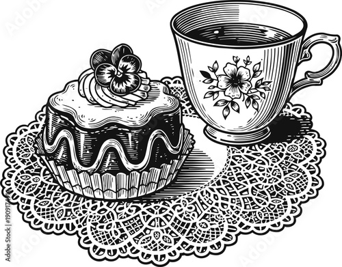 Vintage tea cup with floral design and decorated cupcake on lace doily illustration