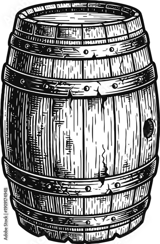 Vintage wooden barrel with metal bands hand drawn classic oak cask for storage and aging liquids