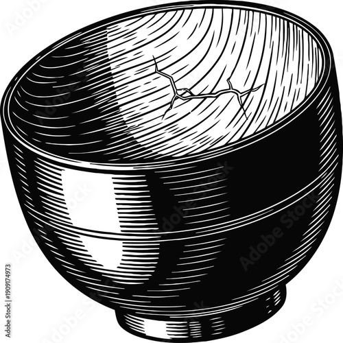 Cracked ceramic bowl illustration with shading and woodcut texture