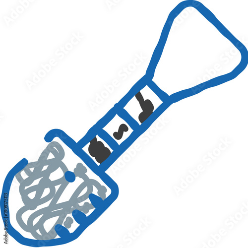 Simplified hand drawn blue shovel icon with playful scribble in blade, evoking kids digging, sandbox play, creativity and exploration on a clean white background