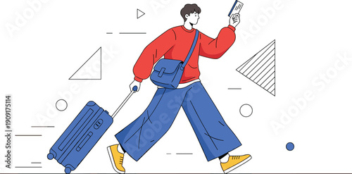 Young traveler with blue suitcase and messenger bag walking forward while holding a passport and boarding pass for travel