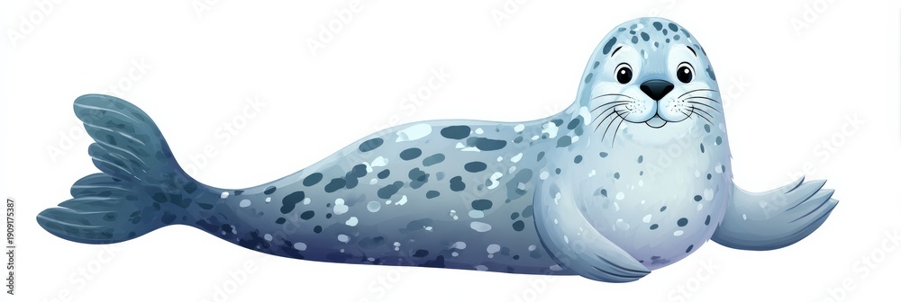 Fototapeta premium Cartoon spotted seal with whiskers on white background