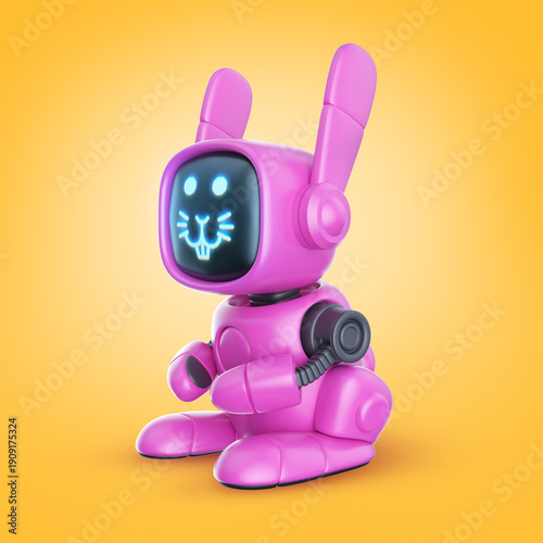 Robotic bunny pink toy in realistic glossy cyber style. Futuristic rabbit for mascot game. 3d illustration.  