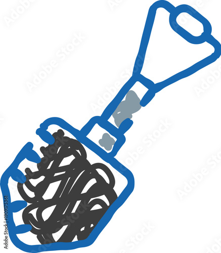 Blue childlike drawing of a shovel with soil on a white background, playful hand drawn sketch icon suggesting gardening, digging, construction, or outdoor kids activity