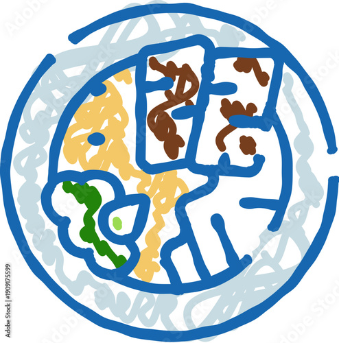 Stylized illustration highlighting an asian noodle soup bowl, featuring noodles, meat, and vegetables with a prominent blue outline, symbolizing ready to eat meals or culinary icons