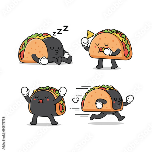 Cartoon tacos exercising and sleeping with cute expressions