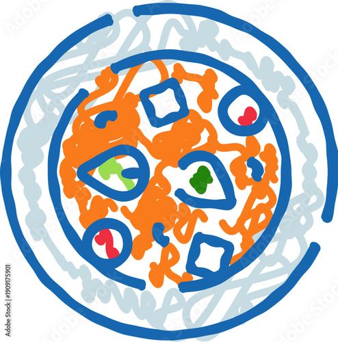 Abstract pizza drawing presenting a top down view of the food, highlighting essential ingredients and the circular form, capturing the essence of italian cuisine