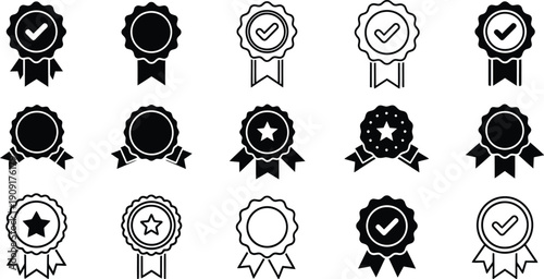 Approval check big icon set. Verified, certified, medal, correct mark, award ribbon, badge, quality certify sign stock vector