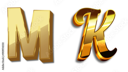 Gold Letter M and K Isolated on White Background