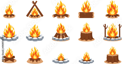 Vector campfire and bonfire illustrations with wood logs, stones, cooking tripod, tree stumps, and flame icons for outdoor camping,