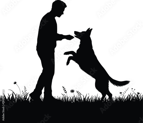 Silhouette of person training dog outdoors, playful interaction with treat, standing human and dog trick pose, companionship vector illustration design